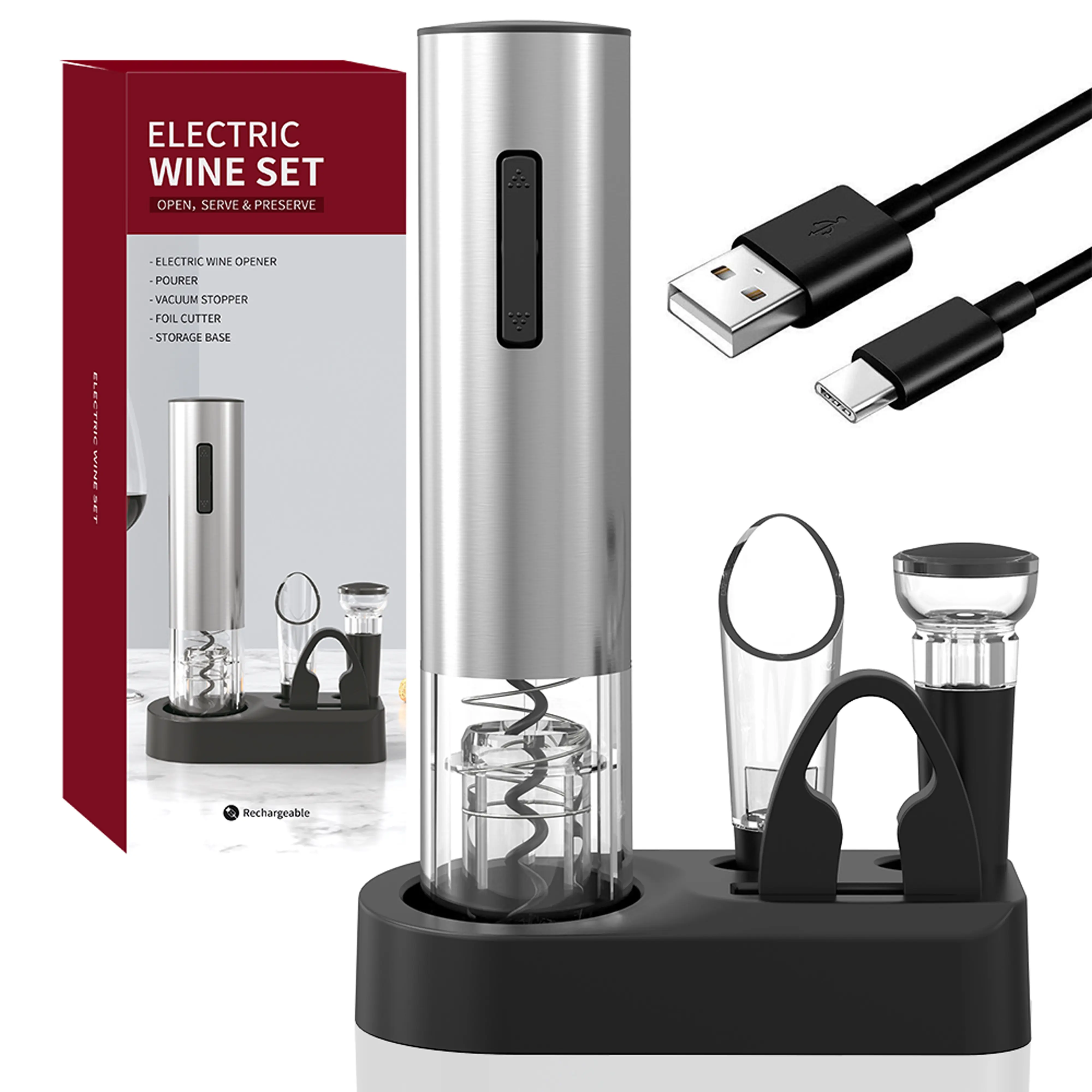 Premium Electric Wine Opener Set - Rechargeable Automatic Corkscrew (6-Second Opening, Elegant LED Charging), Foil Cutter, 2-in-1 Aerator Pourer, Vacuum Stoppers, Bar Utensils - Gift-Worthy Box for Wine Enthusiasts (Christmas, Housewarmings), Kitchen, All