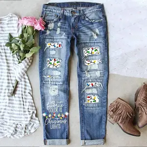Christmas Holiday Ripped Printed DIY Handmade Drill Waist Mid Straight Leg Jeans Women's Pants Long Denim Trousers