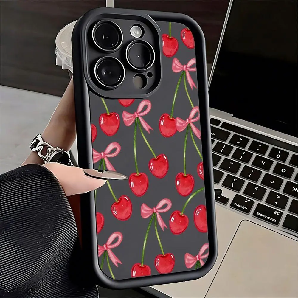 Chic Cherry Pattern Soft Smartphone Casing for iPhone 17 Pro Max/16/15/14/13/12/11/X Series - Handheld Devices Cover with Anti-Drop, Shockproof Protection & Camera Lens Guard, Electronic Accessory