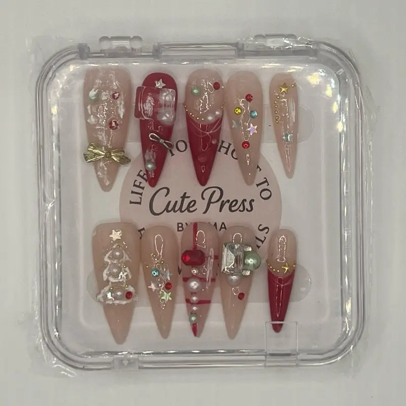 Cute Press Christmas Nails - Festive Press-On Nails with Glitter and Beads for Holiday Season
