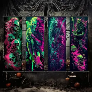 Halloween Themed Hanging Banner, 4 Counts/set Creative Skeleton Guitarist Pattern Wall Art, Halloween Decorations, Wall Decor for Home Living Room Bedroom