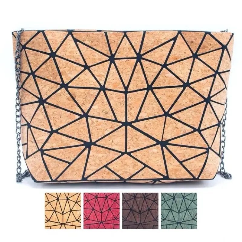Natural Cork Stylish Geometric Chain Crossbody Cork Bag, Cork fabric, Zipper