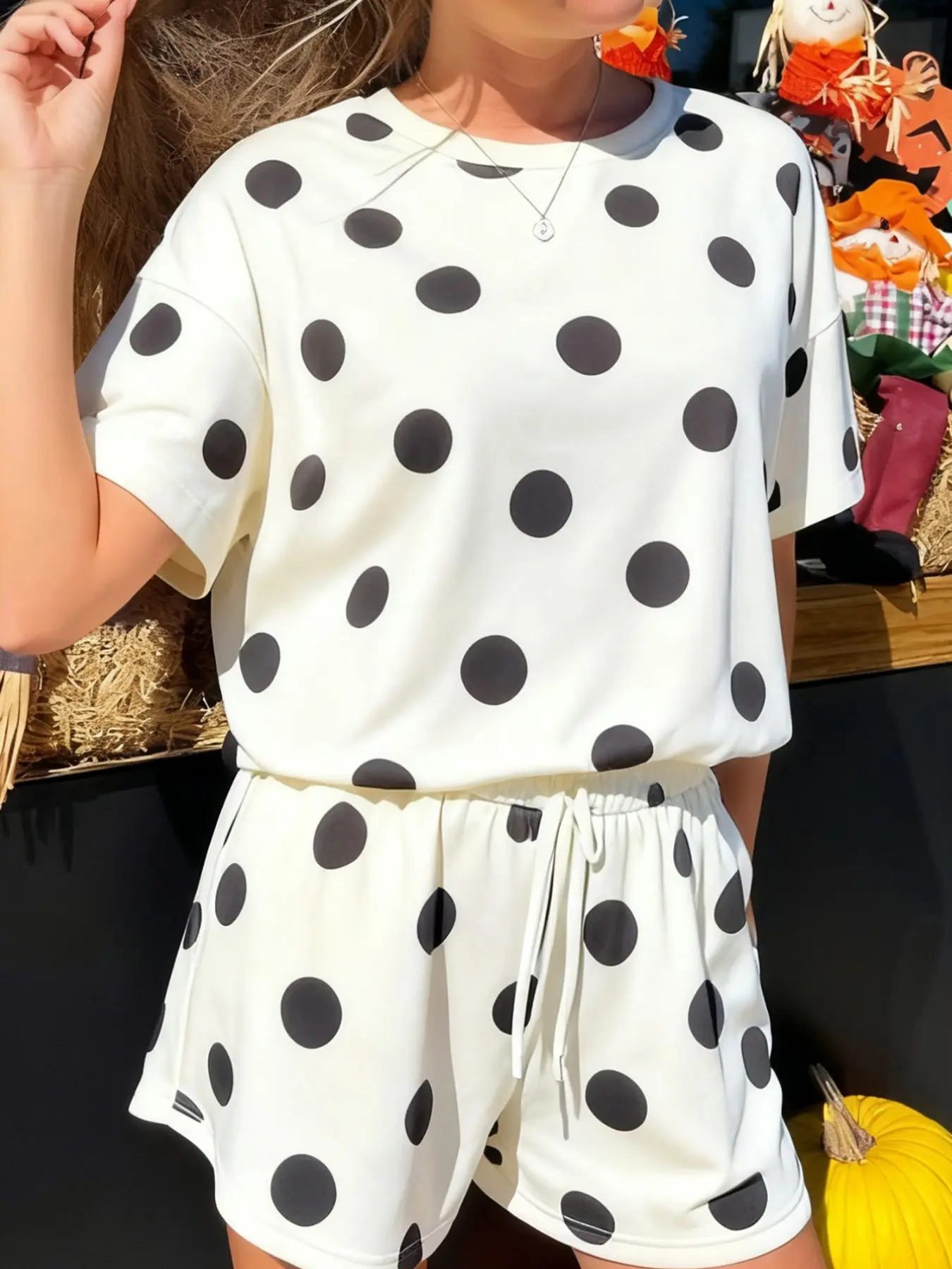 Summer Casual Polka Dot Print Loose Fit T-Shirt Adjustable Drawstring Elastic Waist Short Sets Outfit, Clothes, Women's Fashion, Womenswear, Comfortable and Stylish