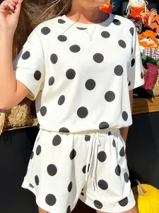 Summer Casual Polka Dot Print Loose Fit T-Shirt Adjustable Drawstring Elastic Waist Shorts Set Outfit, Women's Fashion, Comfortable and Stylish