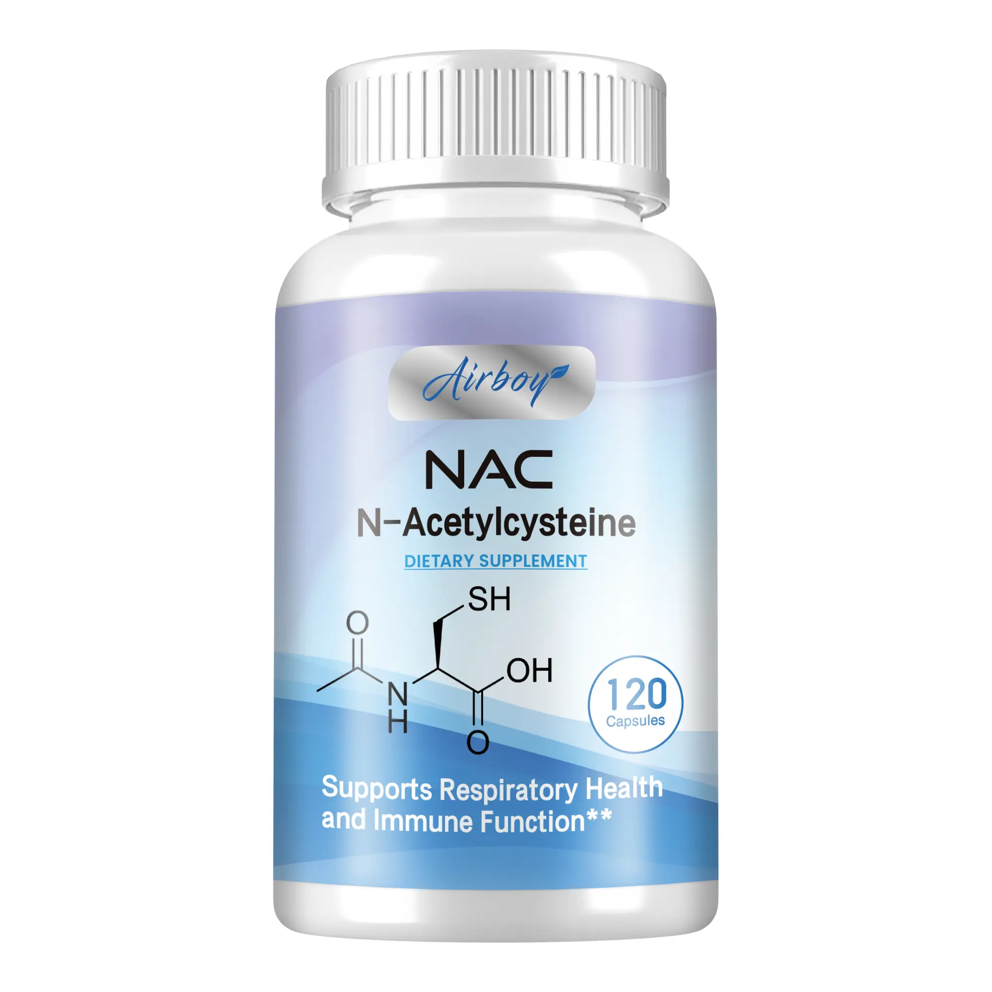 120 Airboy NAC nutritional dietary supplements to support liver and kidney health, respiratory system and immune health.