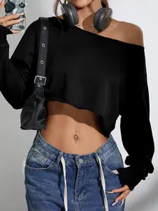 Women's Oversized Loose One-Shoulder Crop Top | Soft stretchy long sleeve off-shoulder tee, available in solid colors, leopard print & marble tie-dye, trendy casual top perfect for daily streetwear & summer outfits