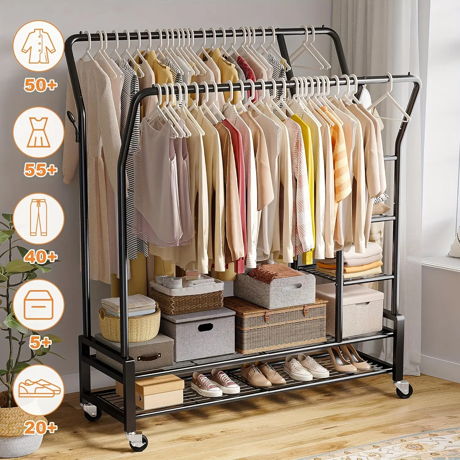 Clothes Rack, Clothing Rack Double Rod Garment Rack Clothing Racks for Hanging Clothes 255LBS Heavy Duty Clothes Rack with Wheels Metal Rolling Closet Rack