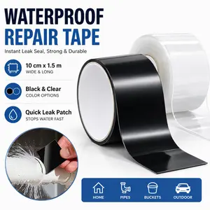 Super Waterproof Repair Tape, 4 in x 5 ft Self-Adhesive PVC Leak Patch Tape, Flexible Sealing Tape for Pipes, Buckets, Basins, Glass, Black and Clear