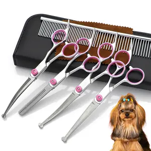 Professional 5-in-1 dog grooming scissors set, with safety round tips, made of stainless steel, sharp and durable. Also suitable for cat grooming.