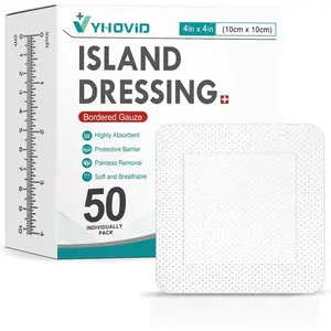 Island Dressing Bordered Gauze, 50 Count 4x4 Inch Individually Wrapped Bandages, Non-Stick Adhesive Pads for First Aid Kit & Wound Care