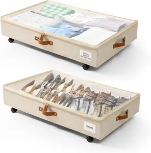 Under Bed Storage with Wheels, 2 Pack Under Bed Storage Containers, Rolling Under Bed Organizer with Handle, Label and Clear Lid, Under Bed Drawers on Wheels for Clothes, Shoes, Toys Boxes Metal Traditional Box Wooden
