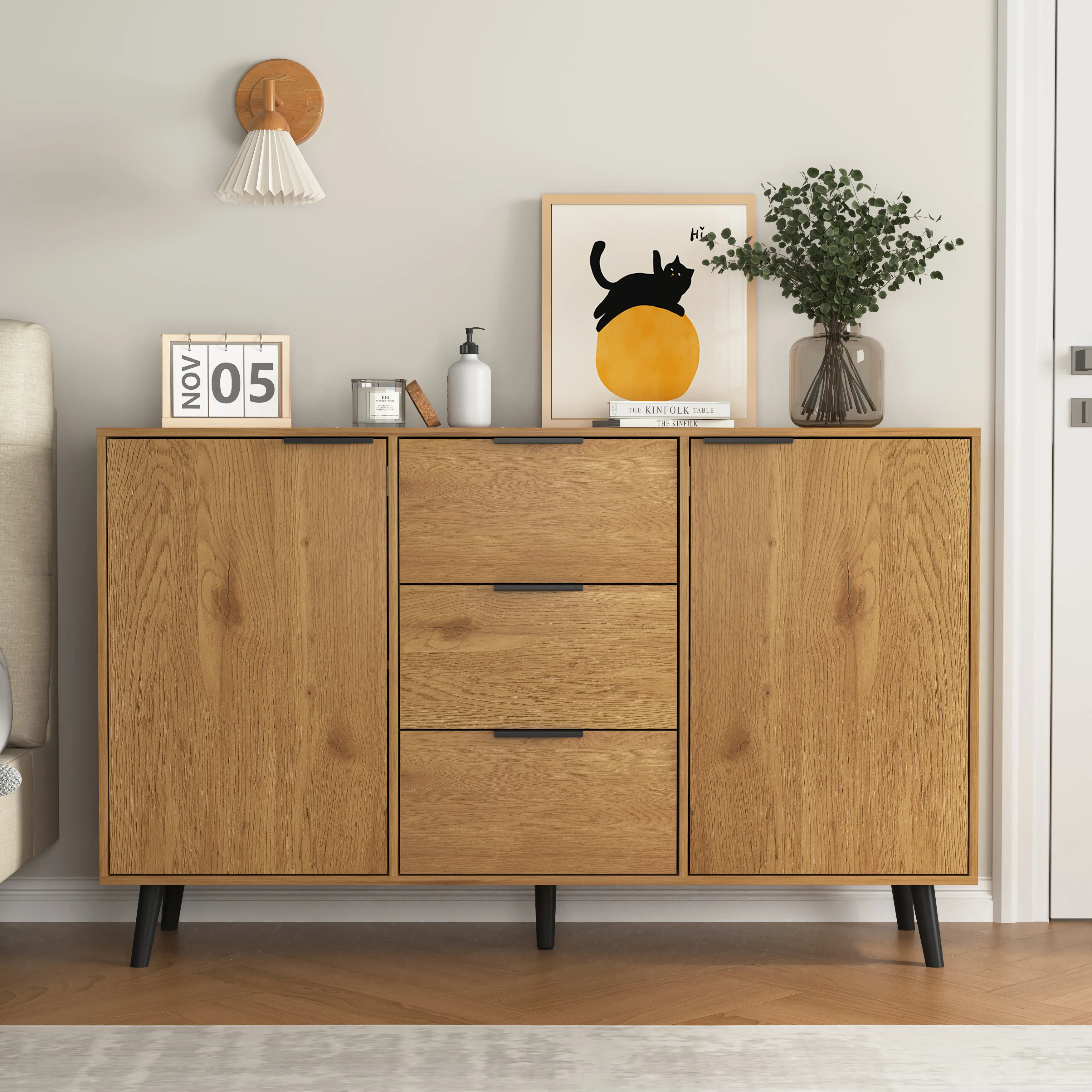 Dreamzon Sideboard Buffet Cabinet with Storage, Wood Coffee Bar Cabinet, 47.2" Kitchen Cabinet with 3 Drawers & 2 Doors, Kitchen Buffet Cabinet Cupboard Natural Wood Color