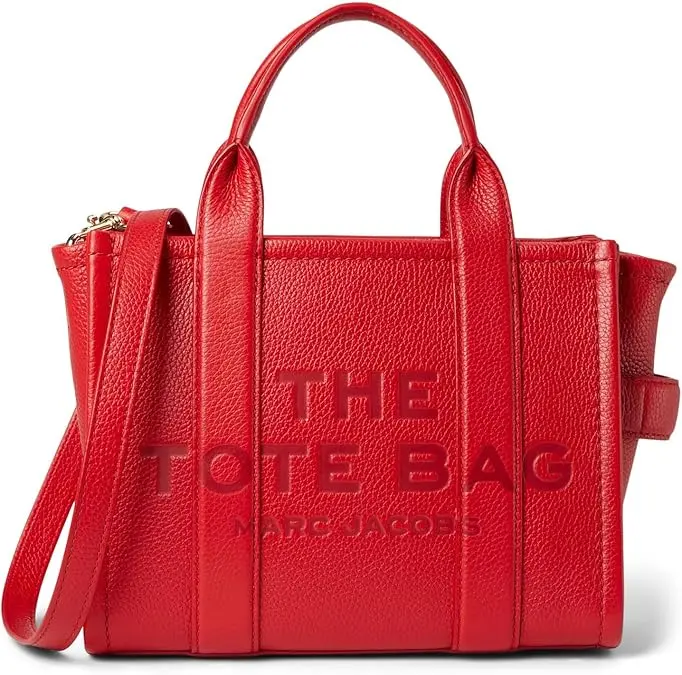 Women's Marc Jacobs The Small Full Grain Leather Tote Bag - True Red, Adjustable Strap, Chunky Top, Debossed Logo, Zip, H009L01SP21-617