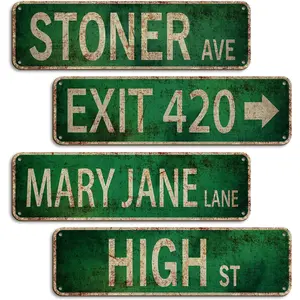 Stoner Avenue Street Sign 4 Signs of Exit 420 /High St/Mary Jane Lane/Stoner Ave for Room Decor, Duplex Printed Trippy Room Decor for Stoner, Vintage Rustic Retro Garage Decor Sign