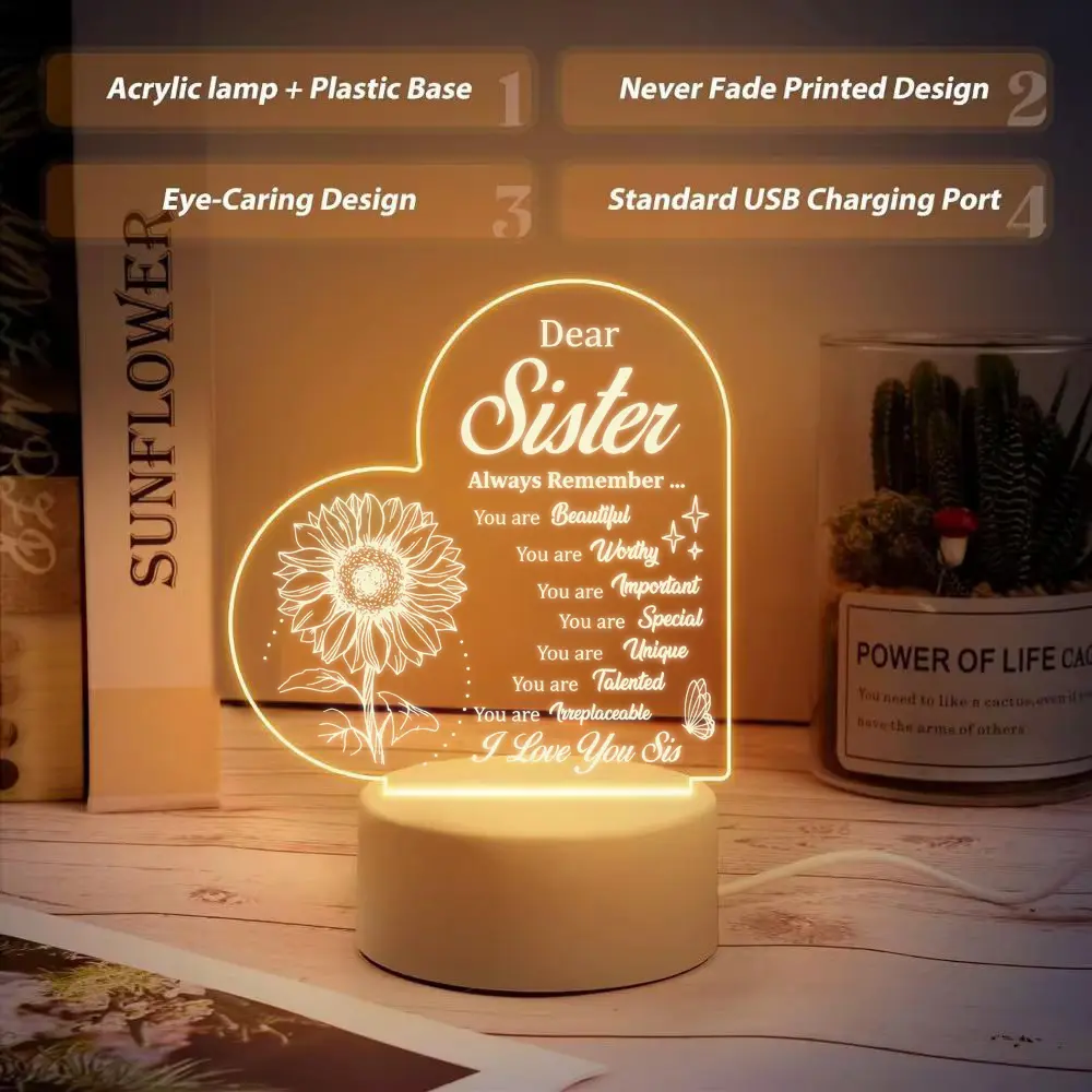Heartfelt Sister Acrylic Night Light, Sunflower I Love You Sis Lamp, Meaningful Birthday & Christmas Gift for Sister, Warm Bedroom Decor Decorative Lamp Decoration Lamp