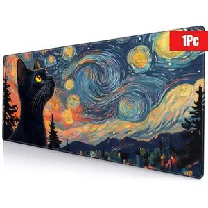 Cat & Starry Sky Pattern Mouse Pad, Large Mouse Pad with Non-slip Base, Rubber Mouse Mat for Gaming, Office, Home, Keyboard Mouse Pad