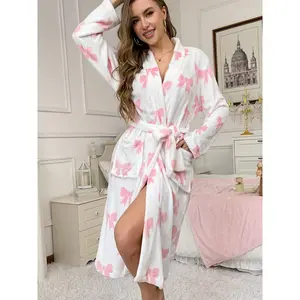 Women's Bow Print Robe Long Gown Fall & Winter Thick Velvet Warm Outdoor Casual Home Wear Loungewear Vacation Sleepwear