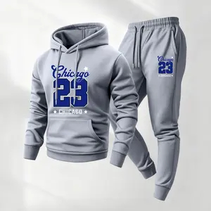 Men's 2-Piece Chicago23 Print Hoodie & Drawstring Sweatpants Sweatsuit Set Outfit, Athleisure Street Fit, Sporty Comfy Breathable Long-Sleeve Hooded Tracksuit for Fall Winter Daily Wear