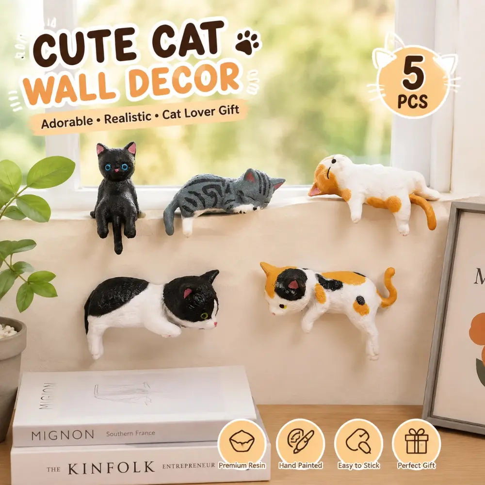 Cute Cat Wall Decor, Realistic Cat Figurines, Funny Cat Lover Gift, Adorable Bedroom Shelf Decoration for Home Office Room