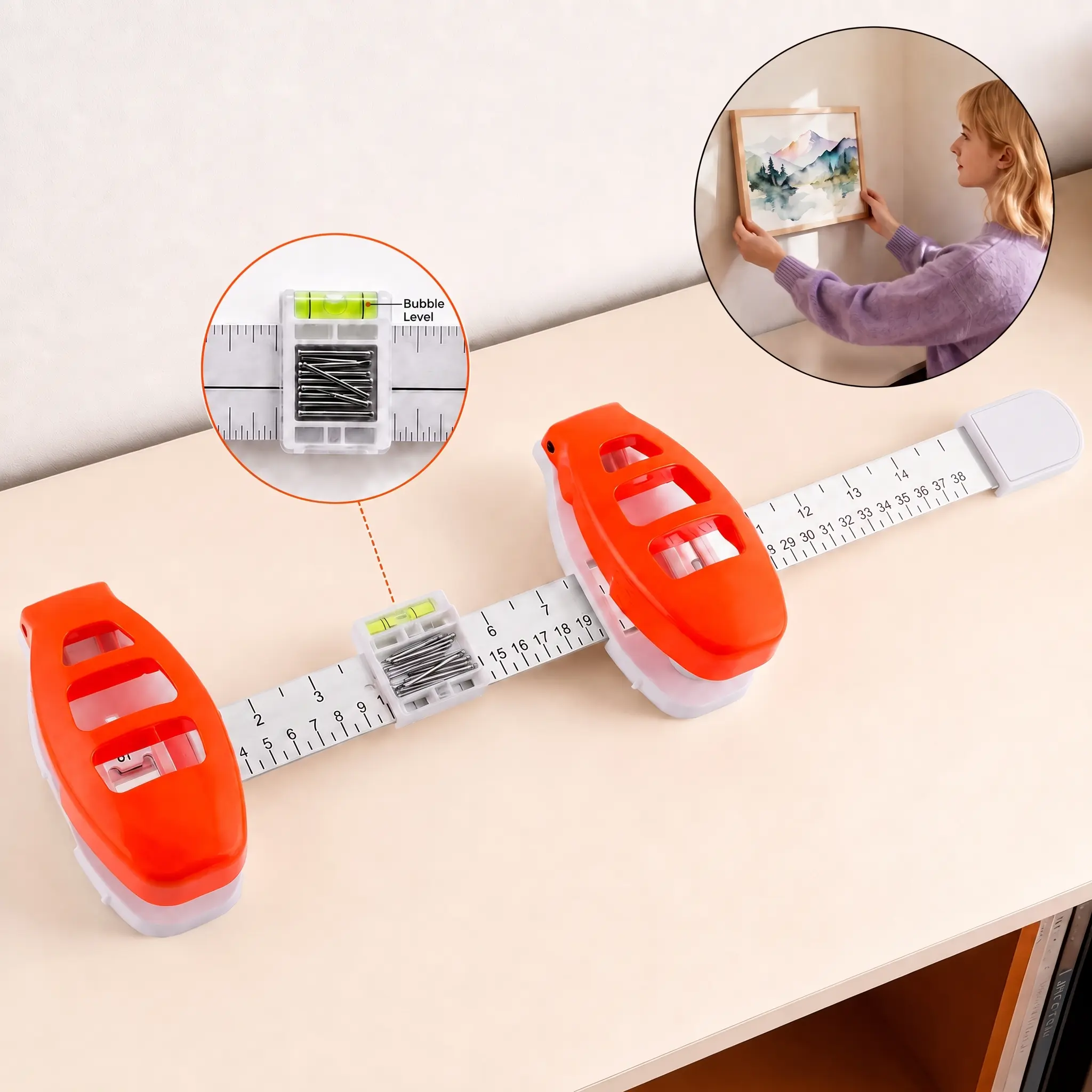 All-in-1 Picture Hanging Tool with Level, Ruler, Magnetic Nail Holder, Frame Alignment & Wall Mounting Kit for Home Decor, Pictures, Mirrors