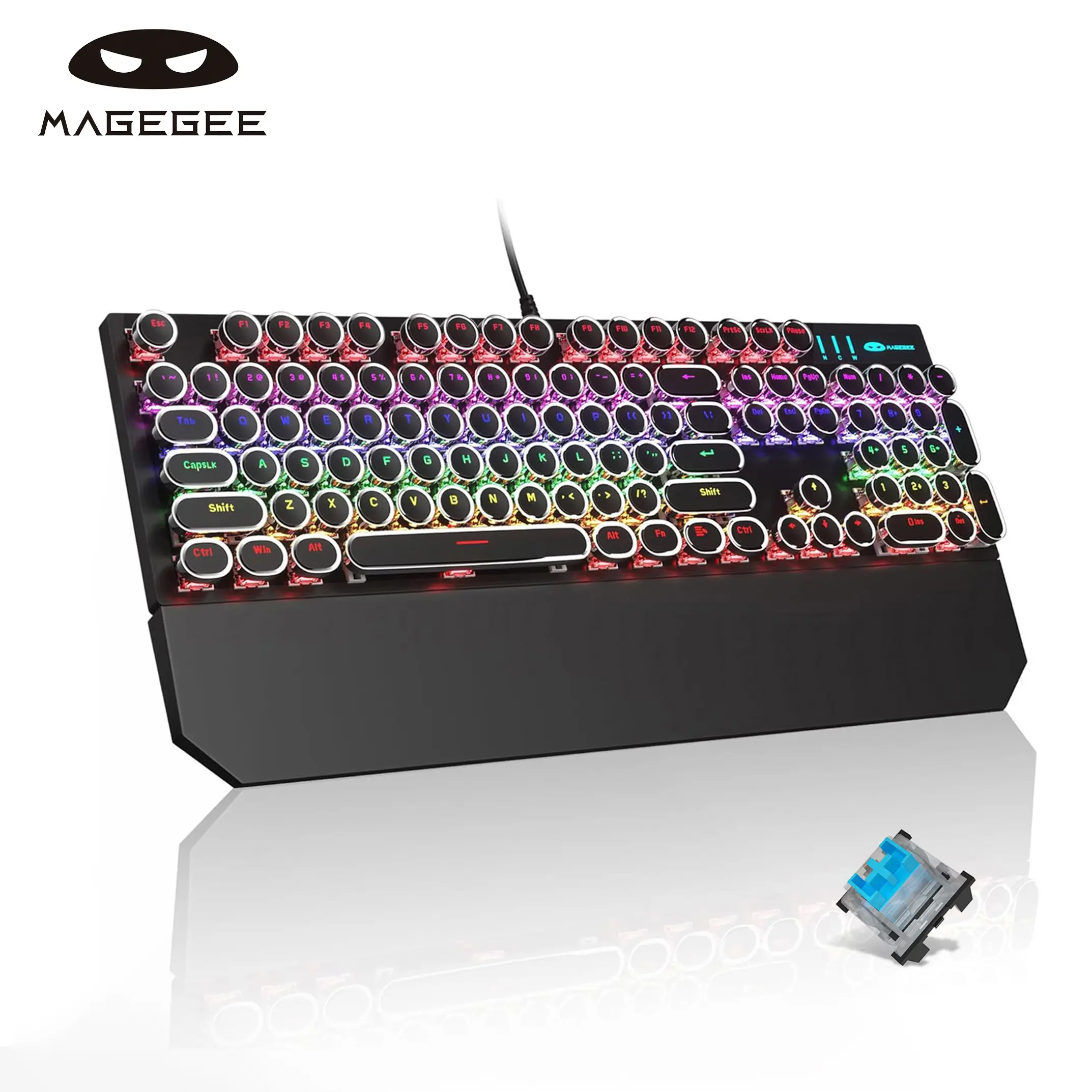 MageGee Retro Black Punk Round Keycap Mechanical Gaming Keyboard - Blue Switch, RGB Rainbow Backlit, Magnetic Wrist Rest, Wired Multifunctional Pro Full-Sized Micro RGB Keyboard for Laptop MAC PC Gamers - summerwins, Multifunctional Mechanical Keyboards