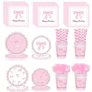 145 Pcs Pink Bow Birthday Party Supplies Set, Disposable Coquette Themed Tableware with Plates, Cups, Napkins, Cutlery & Straws, Pastel Gingham Decor for Girls’ Birthday & Baby Showers event
