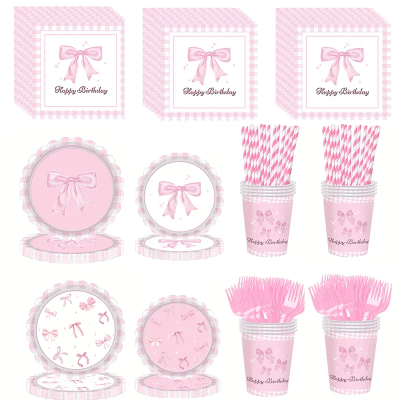 145-Piece Pink Bow Coquette Disposable Party Supplies Set - Sturdy Plastic Disposable Cups, Plates, Napkins, Cutlery, Straws, Pastel Gingham Decor with Coordinated Design, Holds Hot/Cold Foods for Girls’ Birthday, Baby Showers, Party Plates And Cups And N