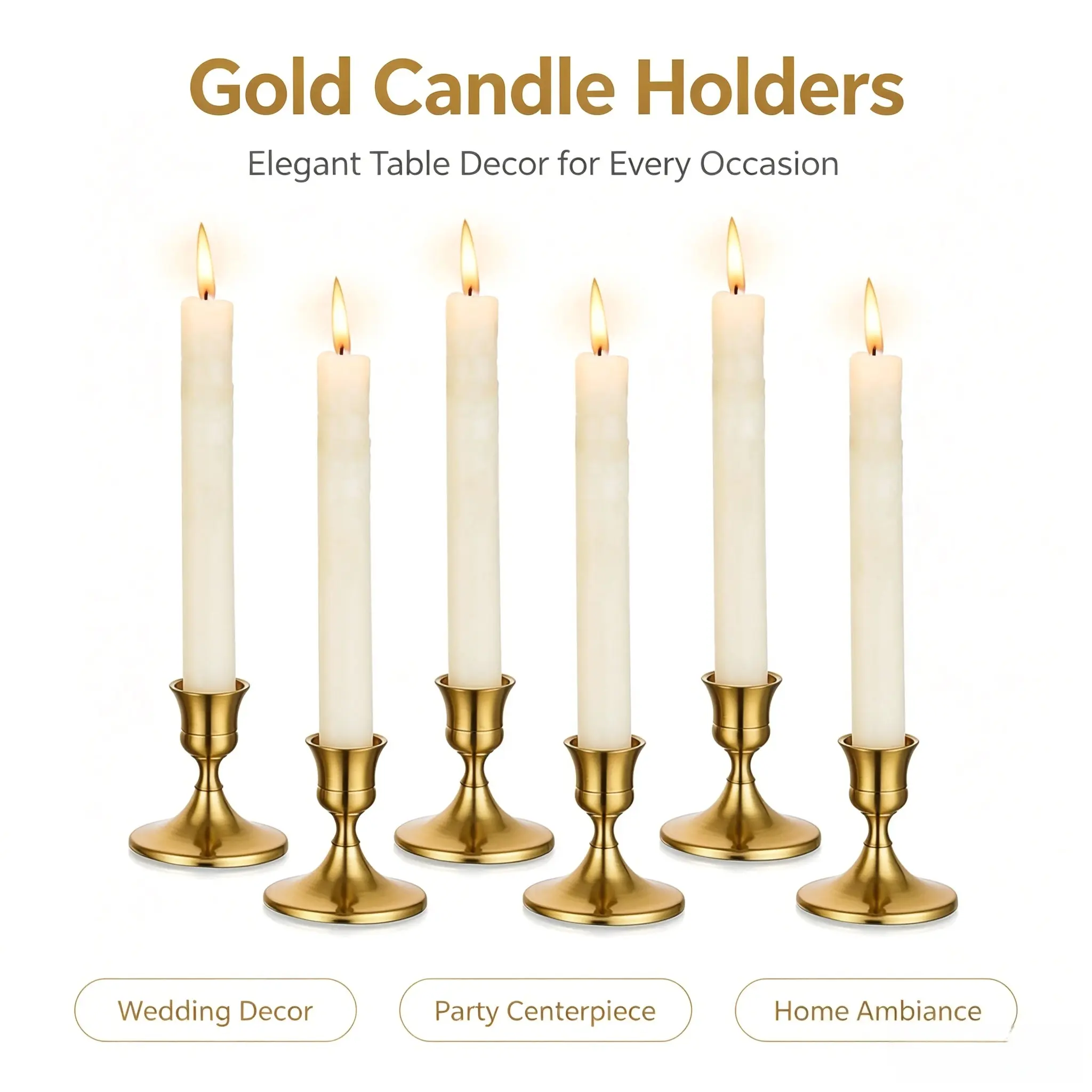 6-Piece Brass (Gold) Decorative Candle Holder Set - Matte Black Metal, Minimalist Rustic Modest Boxed Table Centerpieces for Weddings, Christmas, Farmhouse Home Decor (Candles Not Included)