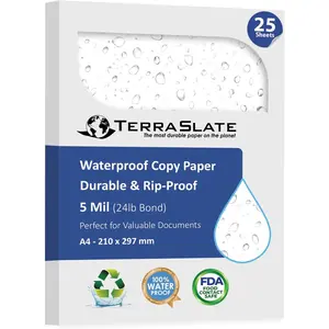 TerraSlate Waterproof Laser Printer Paper – Rip-Proof, Weatherproof, 5 Mil (24lb Bond), A4 Size 210 x 297 mm, 25 Sheets, White, Synthetic Paper for Outdoor Use