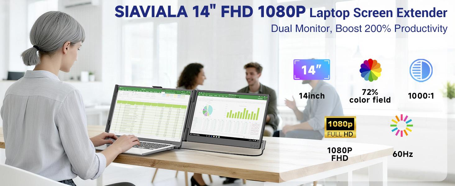 Siaviala Laptop Screen Extender, 14” FHD 1080P IPS Dual Laptop Monitor Extender, Portable Monitor for 13-17.3” Laptops, Plug & Play Dual Screens for Windows/Mac with USB C/HDMI Port computer accessory Siaviala Laptop Screen Extender, 14” FHD 1080P IPS Dual Laptop Monitor Extender, Portable Monitor for 13-17.3” Laptops, Plug & Play Dual Screens for Windows/Mac with USB C/HDMI Port computer accessory