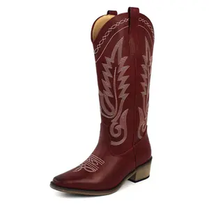 Women's Red Western Cowboy Snip Toe Embroidered Leather Knee High Cowgirl Boots Wide Calf AZARWOMAN