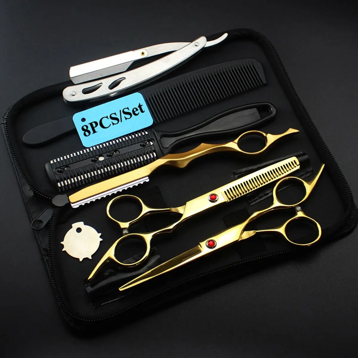 8Pcs Set 6.0'' Professional Hair Scissors, Hairdressing Cutting Thinning Combs, Haircut Shears, Barbers Razor, Stainless Steel Barber Cutting Tools, Hair Salon Supplies, Barber Equipment