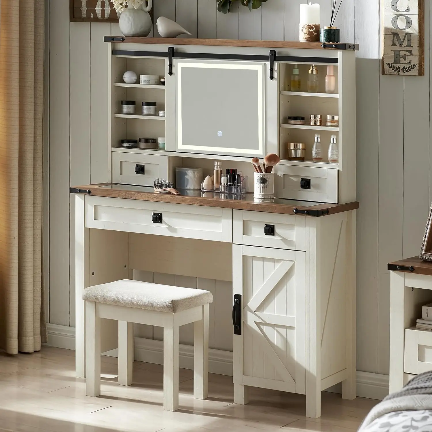 OKD Farmhouse Makeup Vanity Desk with Sliding Mirror and Lights, 42'' Glass Tabletop Vanity Table with 2 Drawers & Shelves, Rustic Big Vanity Set for Bedroom, Stool Included,  Modern Makeup Vanities. electric t screwdriver makeupvanitytableset