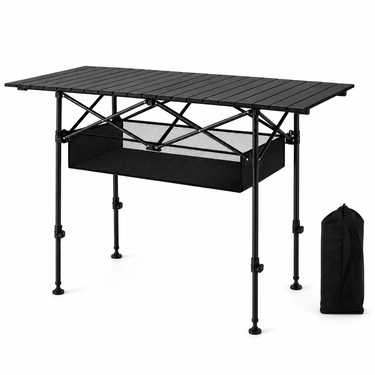 Portable Folding Camping Table with Mesh Storage Basket, Adjustable Height Outdoor Camp Kitchen Table with Carry Bag, Aluminum Slatted Top for Camping, Picnic, BBQ, Tailgating, RV, Beach and Backyards Hangable
