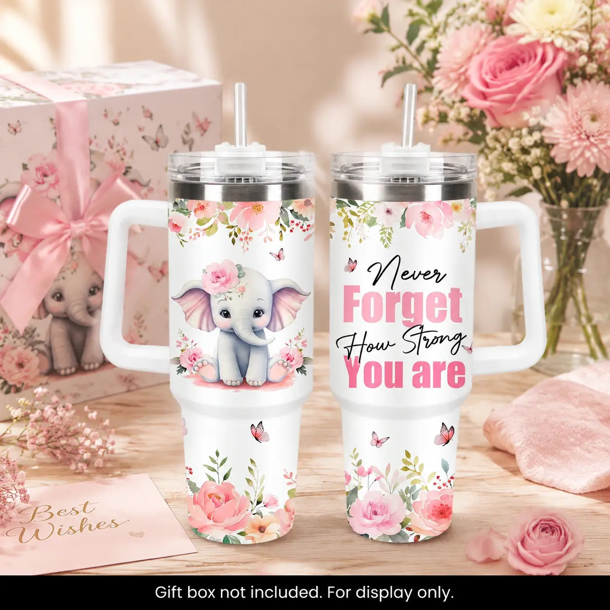 1pc 40oz Floral Elephant Design Stainless Steel Tumbler with Handle Lid & Straw Double Wall Insulated Coffee Mug BPA Free Easy Clean Wide Mouth Gifts for Friends Family Home Use Drinkware