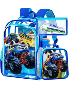 3PCS Clear Truck Backpack Set for Boys, Transparent School Bag with Lunch Bag & Pencil Pouch, Live for Speed Design, Perfect for School & Travel