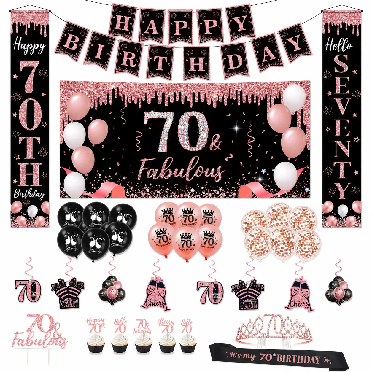 Women's 70th Birthday Party Decorations Set - Rose Gold Glitter Home Party Supplies with 21 Balloons, Decorative Banner, Indoor Backdrop, Number Prints, Door Hanging Garland, Indoor Backdrops