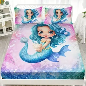 Cartoon Mermaid Pattern Bed Sheet Set, Includes 1 Bed Skirt and 2 Pillowcases, Polyester, Digital Print, All Seasons, Home Textiles