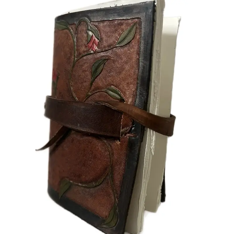Handcrafted Leather Pocket Sketchbook with Rose Vine Design and Strap Closure - Artistic Notebook for Sketching