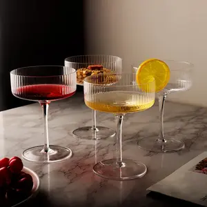 Vintage Ribbed Coupe Glass, 2/4 pcs Wine Glass Set Elegant Crystal Stripe Martini Glasses for Champagne, Margarita, Espresso, Perfect for Parties & Gifts, Drinkware