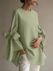 Women's Casual Loose Plain Shirt Blouse Tops, Bow Tie Round Neck H-Type Seven-Quarter Sleeve Design, Suitable for Daily Commuting