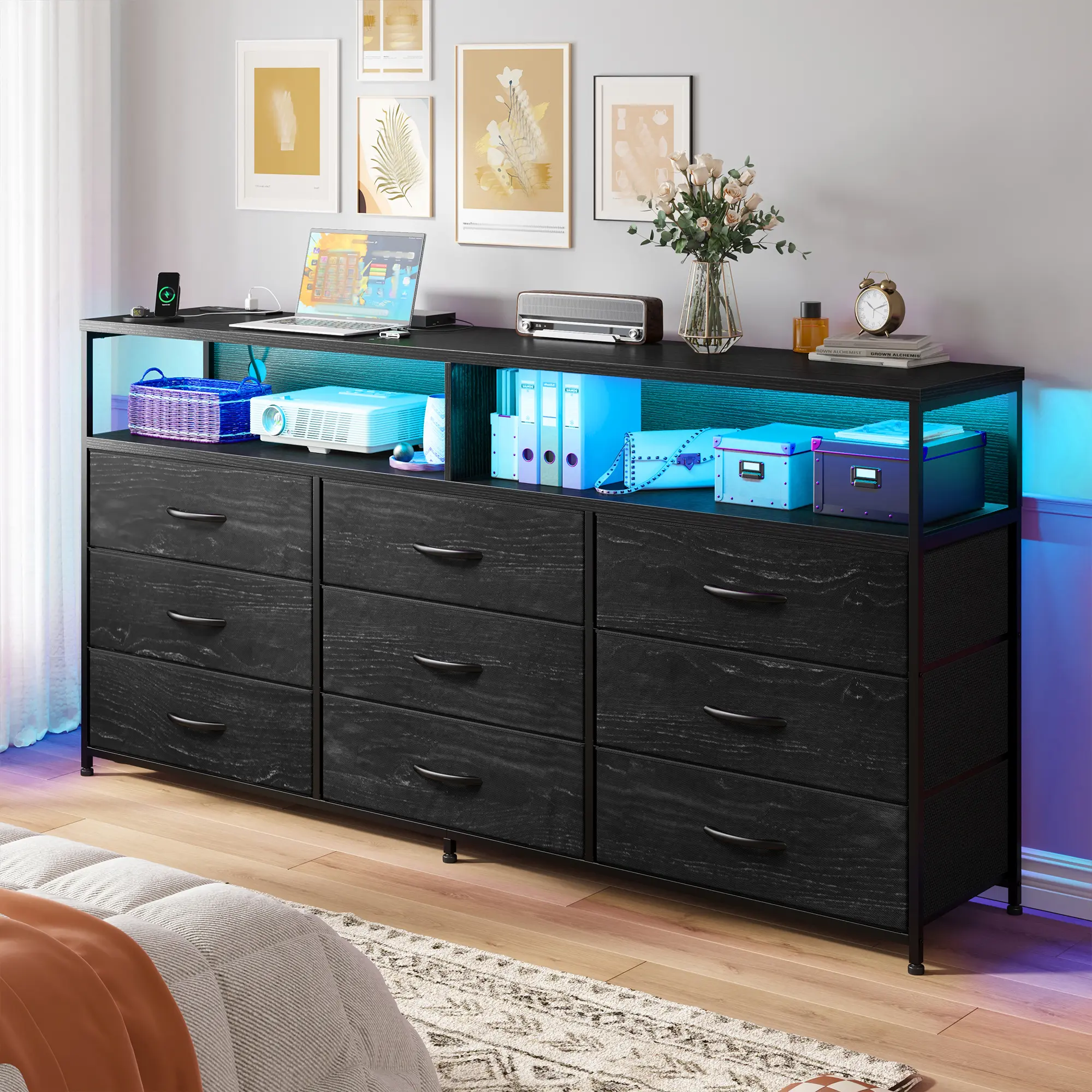 RaybeeFurniture 55” W Dresser, Dresser for Bedroom with Power Outlet & LED Lights, 65" TV Stand for Bedroom with 9 Fabric Drawers, Sturdy Dressers for Bedroom, Closet, Entryway