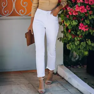 White Frayed Hem Cropped Jeans Straight Leg Cigarette Pants Womenswear Bottom Trouser Streetwear