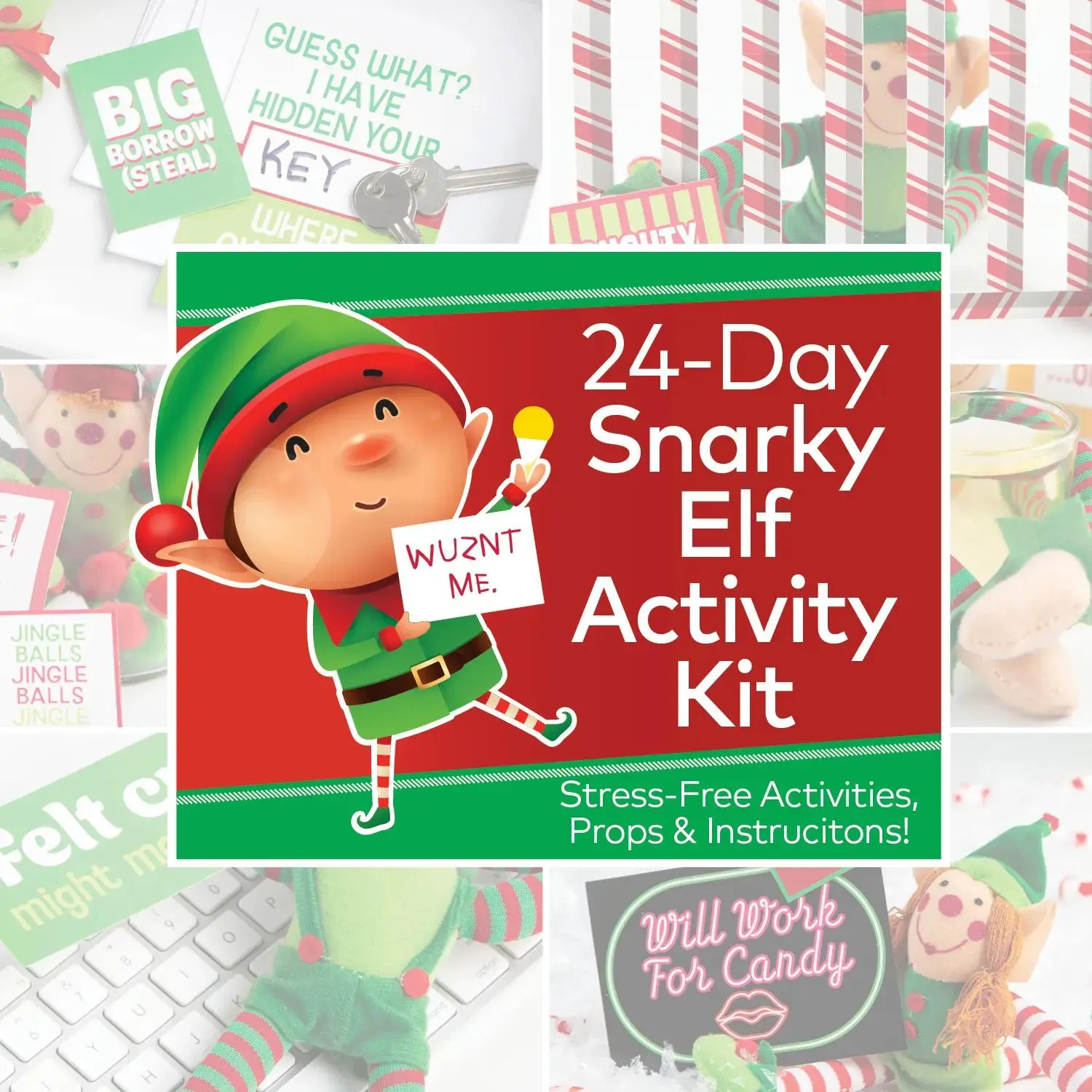 Christmas Snarky Elf Activity Kit with Props & Instructions for 24 Days