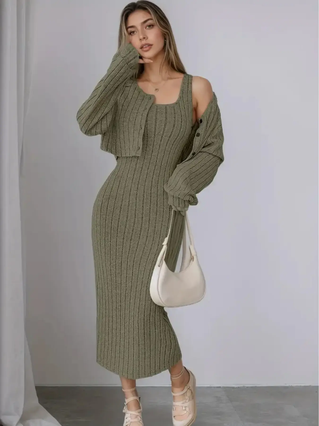 [Slimming Women's Dress for Spring and Autumn] Off-shoulder maxi dress + fitted Long Sleeve cardigan two-piece set. Essential for work, dates, and commuting. Elegant and classy women's clothing. Vest dress set. Casual Wear Womenswear