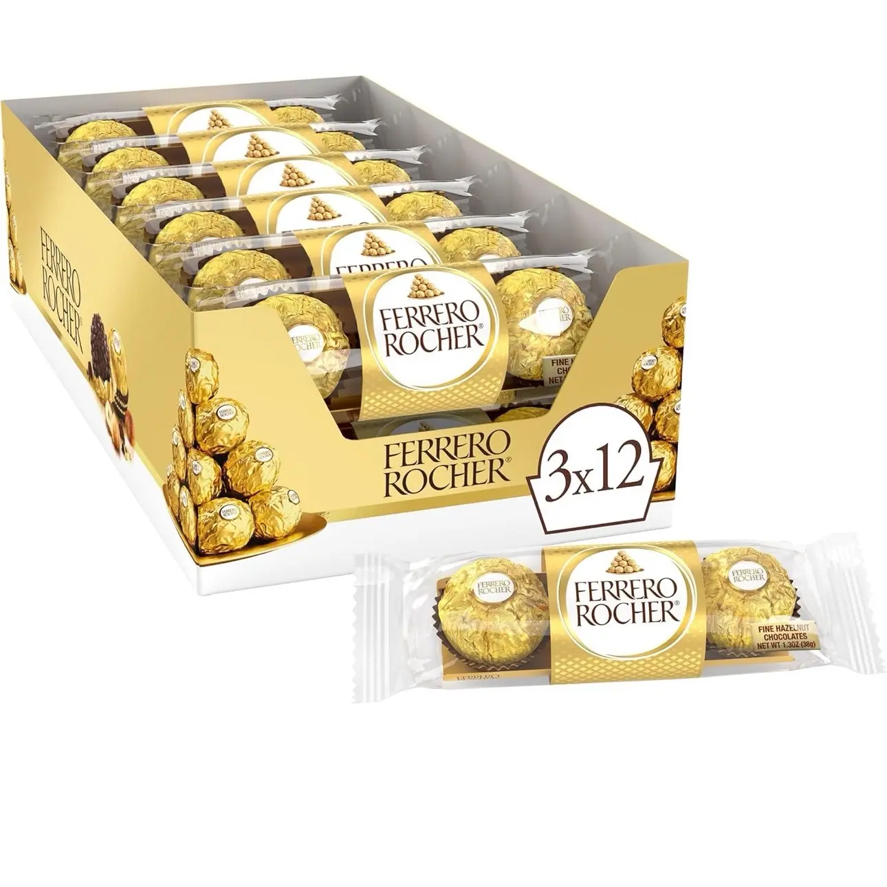 Nestlé Ferrero Rocher (3-piece 12 pack) Milk Chocolate with Hazelnuts - Snack Dessert Bonbon Shell Crunch