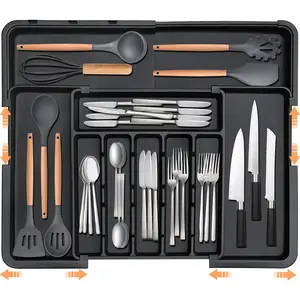 Silverware Organizer Expandable Kitchen Utensil Drawer Organizer Large BPA Free Adjustable Cutlery Silverware Tray for Spoons Forks Knives Storage Divider for Kitchen Flatware 6-9 Slots Black