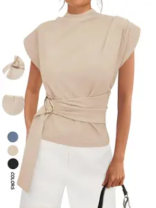 Women's Summer Batwing Cap Short Sleeve Blouse Half High Neck Adjustable Button Up Belt Top Fitted Plain Business Office Shirt Casual Classy Womenswear Blouse