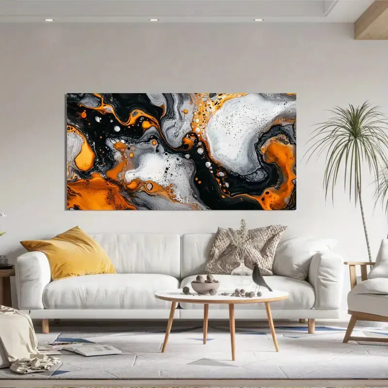 Modern abstract wall art canvas print for your living room, bedroom or dining room with a black, orange, white and grey swirl pattern - minimalist home office wall decor, beautiful room decor