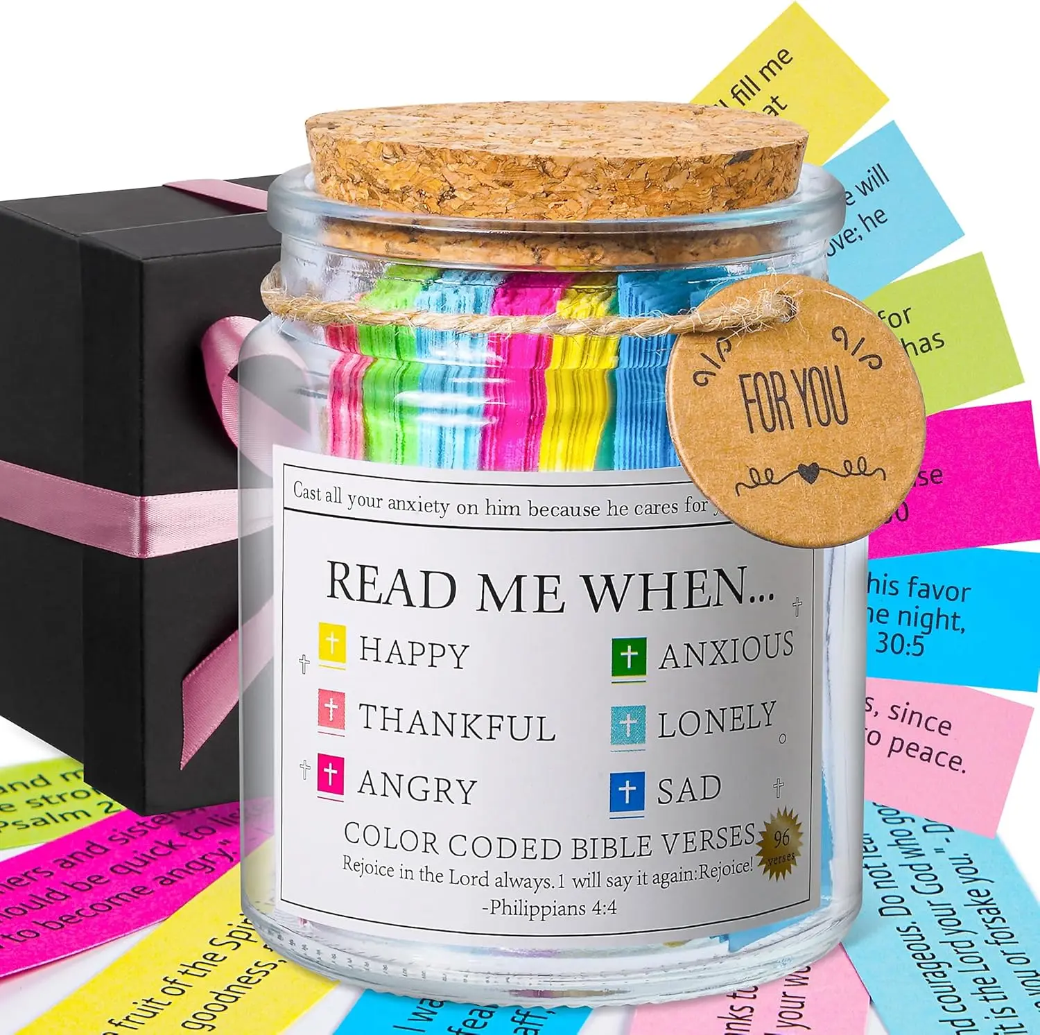 Christian Bible Verse Jar with 96 Encouragement Scripture Cards, Prayer Hope Jar in Gift Box, Religious Office Stationery Card Set for Easter Graduation Gifting, 96 Cards
